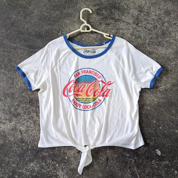 Coca Cola Crop Top Shirt Womens XL White Cropped Retro Y2K Gym Knot Front - Picture 1 of 7
